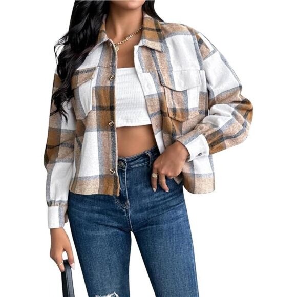 Brown Plaid Print Corduroy Cropped Jacket Shacket Button‎ Down Long Sleeve Coat - Picture 6 of 6